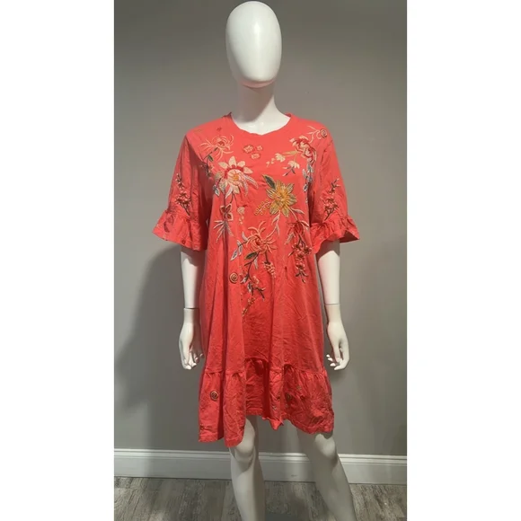 Johnny Was Pink Andrean Embroidered T-Shirt Dress Size Large - Picture 6 of 12